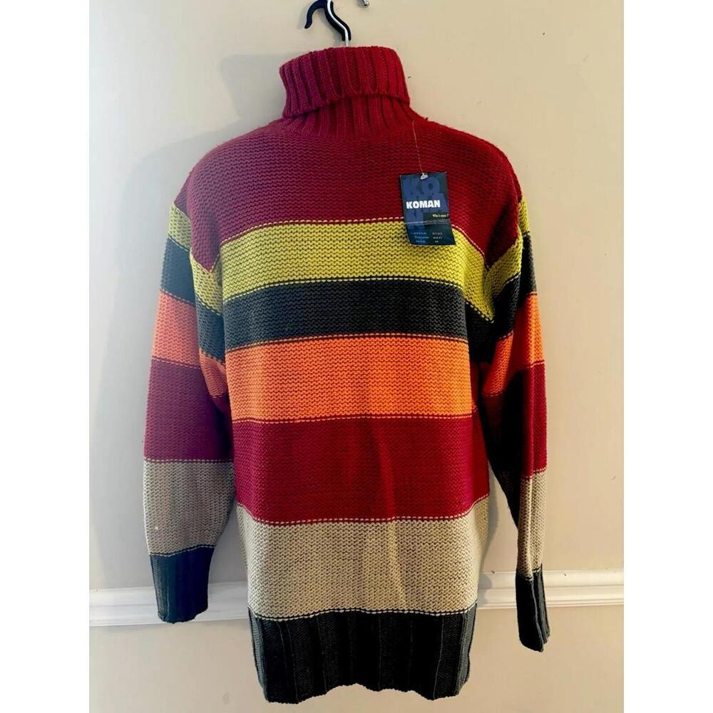 Koman Sport Sweater Men Medium Oversized Multicolor Pullover Turtle Neck Vtg NWT